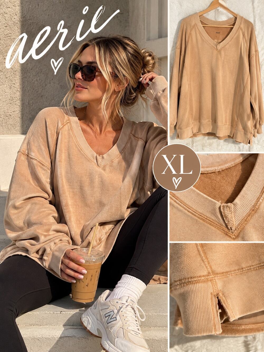 Aerie Every Day V Neck Sweatshirt XL Tan Oversized NWT $54.95